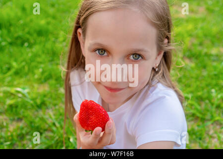 A beautiful child with green eyes holds strawberries in her hands and smiles. Summer, childhood lifestyle concept. Stock Photo