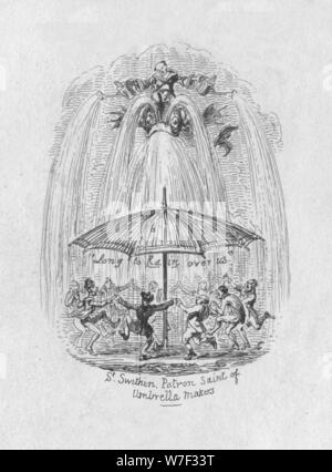 'St. Swithin Patron Saint of Umbrella Makers', 1829. Artist: George Cruikshank. Stock Photo