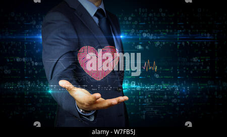 Businessman in a suit touch the screen with cybernetic heart symbol hologram. Man using hand on virtual display. Love, cyber dating, romantic, health Stock Photo