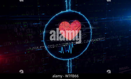 Cybernetic heart symbol hologram in electric circle on digital background. Modern concept of love, cyber dating, romantic, health, science and cardiol Stock Photo