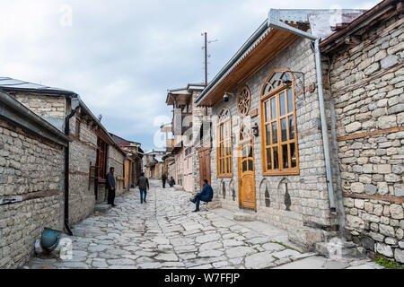 Lahic, Ismayilli region, Azerbaijan - April 27, 2019. Street view on cobblestone Huseynov street in Lagic village in Ismayilli region of Azerbaijan, w Stock Photo