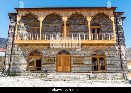 Lahic, Ismayilli region, Azerbaijan - April 28, 2019. Exterior view of Lahic Community House in Lahic village of Azerbaijan. Stock Photo