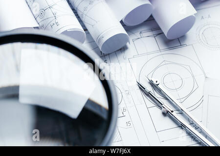 Magnifier for work with small details of the engineering drawing Stock Photo
