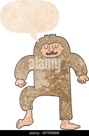 cartoon bigfoot with speech bubble in grunge distressed retro textured style Stock Vector