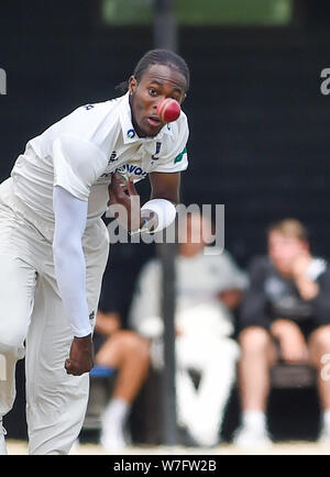 Henfield UK 6th August 2019 - England fast bowler Jofra Archer in action for the Sussex Second eleven cricket team against Gloucestershire Seconds at the Blackstone cricket ground near  Henfield just north of Brighton . Jofra Archer is hoping to prove his fitness so he can play against Australia in the next test match Credit : Simon Dack / Alamy Live News Stock Photo