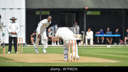 Henfield UK 6th August 2019 - England fast bowler Jofra Archer bowls a bouncer  for the Sussex Second eleven cricket team against Gloucestershire Seconds at the Blackstone cricket ground near  Henfield just north of Brighton . Jofra Archer is hoping to prove his fitness so he can play against Australia in the next test matchCredit : Simon Dack / Alamy Live News Stock Photo