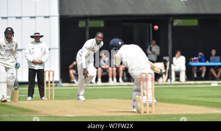 Henfield UK 6th August 2019 - England fast bowler Jofra Archer bowls a bouncer  for the Sussex Second eleven cricket team against Gloucestershire Seconds at the Blackstone cricket ground near  Henfield just north of Brighton . Jofra Archer is hoping to prove his fitness so he can play against Australia in the next test match Credit : Simon Dack / Alamy Live News Stock Photo