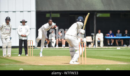 Henfield UK 6th August 2019 - England fast bowler Jofra Archer in action for the Sussex Second eleven cricket team against Gloucestershire Seconds at the Blackstone cricket ground near  Henfield just north of Brighton . Jofra Archer is hoping to prove his fitness so he can play against Australia in the next test match Credit : Simon Dack / Alamy Live News Stock Photo