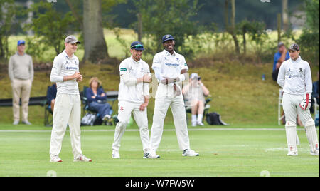 Henfield UK 6th August 2019 - England fast bowler Jofra Archer looks relaxed as he fields in the slips for the Sussex Second eleven cricket team against Gloucestershire Seconds at the Blackstone cricket ground near  Henfield just north of Brighton . Jofra Archer is hoping to prove his fitness so he can play against Australia in the next test matchCredit : Simon Dack / Alamy Live News Stock Photo