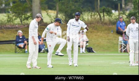 Henfield UK 6th August 2019 - England fast bowler Jofra Archer looks relaxed as he fields in the slips for the Sussex Second eleven cricket team against Gloucestershire Seconds at the Blackstone cricket ground near  Henfield just north of Brighton . Jofra Archer is hoping to prove his fitness so he can play against Australia in the next test matchCredit : Simon Dack / Alamy Live News Stock Photo