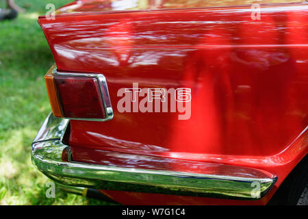 Collegeville, PA - July 28, 2019: Close up of the rear quarter panel of a red Triumph TR6 with the TR6 in white lettering photographed while it is sit Stock Photo