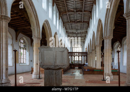 Interior view down nave to chancel with wooden roof, Holy Trinity church, Blythburgh, Suffolk, England, UK Stock Photo