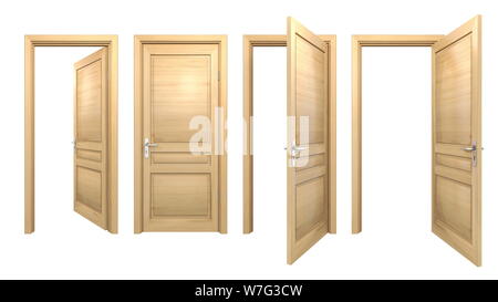 Open and closed wooden doors isolated on white Stock Photo
