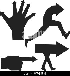Vector illustration. Arrow black silhouette in hand, running man or walking. Stock Vector