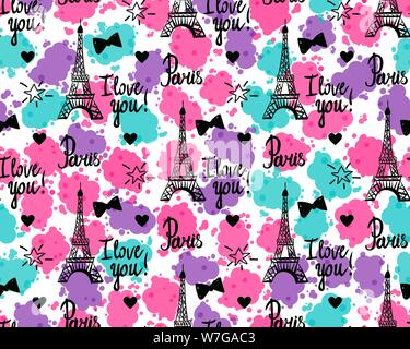 Wide Seamless pattern with inscription Paris I love you. Vector Illustration black ink Eiffel Tower Stock Vector