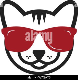 Vector illustration. Head cat icon with glasses in flat and geometric style. Stock Vector