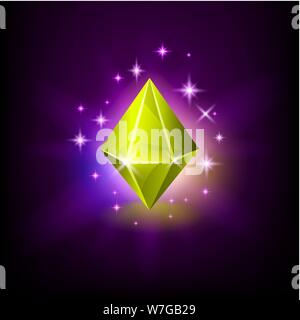 Romboid yellow shining gemstone with magical glow and stars on dark background vector illustration. Stock Vector