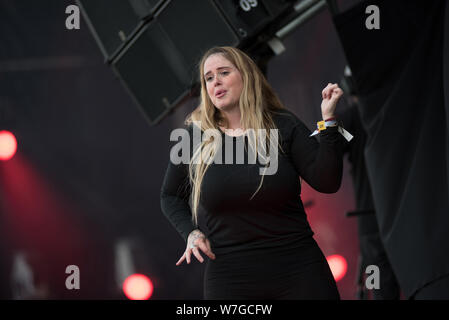BONTIDA, ROMANIA - JULY 18, 2019: Sign language interpreter translating a song for persons with hearing impediment at Electric Castle festival Stock Photo
