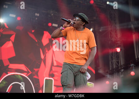 BONTIDA, ROMANIA - JULY 19, 2019: English electronic music group Dub Pistols performing a live concert on the Main Stage of Electgric Castle festival Stock Photo