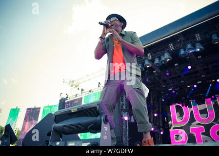 BONTIDA, ROMANIA - JULY 19, 2019: English electronic music group Dub Pistols performing a live concert on the Main Stage of Electgric Castle festival Stock Photo