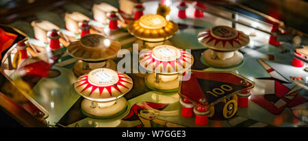 Budapest, Hungary - March 25, 2018: Pinball game museum. Pinball machine table close up view of retro vintage game arcade. Details of a Bright and Col Stock Photo