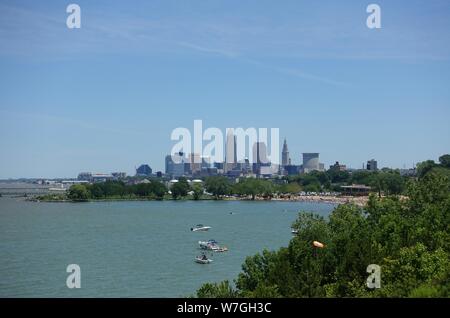 CLEVELAND, OH -23 JUN 2019- View of the skyline of Cleveland, Ohio on the shore of Lake Erie. Stock Photo