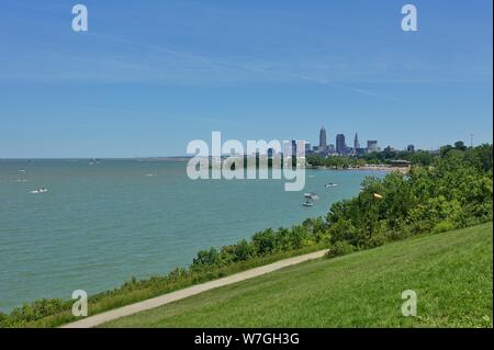 CLEVELAND, OH -23 JUN 2019- View of the skyline of Cleveland, Ohio on the shore of Lake Erie. Stock Photo