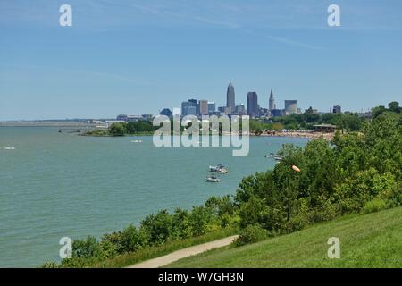 CLEVELAND, OH -23 JUN 2019- View of the skyline of Cleveland, Ohio on the shore of Lake Erie. Stock Photo