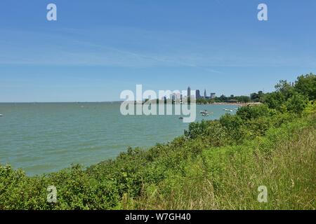 CLEVELAND, OH -23 JUN 2019- View of the skyline of Cleveland, Ohio on the shore of Lake Erie. Stock Photo