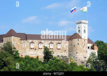 Castle of ljubljana castle with slovenian flag flying on Castle Hill Old Town Ljubljana Slovenia EU Europe Stock Photo
