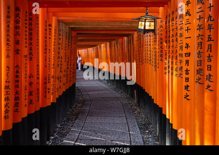 KYOTO, JAPAN, APRIL 01, 2019 : A woman is posing in traditional costume inside the torii tunnel of the Fushimi Inari shrine Stock Photo