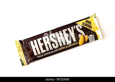 A Hershey's milk chocolate with almonds candy bar isolated on white Stock Photo