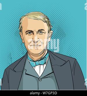 Thomas Edison (1847-1931) portrait in line art illustration. He is one of America's greatest inventors that invented the first light bulb, phonograph, Stock Vector