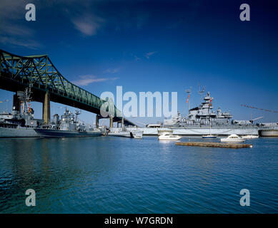 Battleship Cove, showing the USS Massachusetts and the USS John F. Kennedy. Fall River, Massachusetts Stock Photo