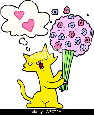cartoon cat in love with flowers with thought bubble Stock Vector