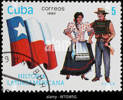 Chilean couple traditionally dressed on postage stamp Stock Photo