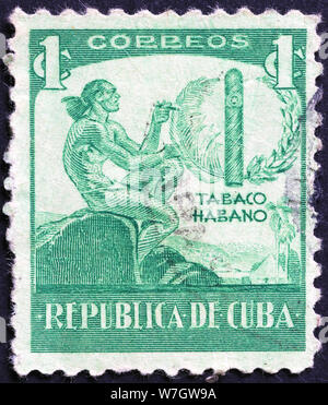 Cuban tobacco advertised on old postage stamp Stock Photo