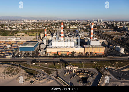 Los Angeles, California, USA - December 17, 2016:  Aerial view of Scattergood Steam Plant electric generating facility near Dockweiler state beach in Stock Photo