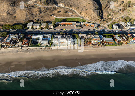 Malibu, California, USA - December 17, 2016:  Aerial view of large beach mansions on Pacific Coast Highway north of Los Angeles. Stock Photo