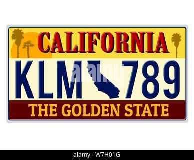 An imitation California license plate with text the golden state written on it making a great concept. Words on the bottom The Golden state Stock Vector