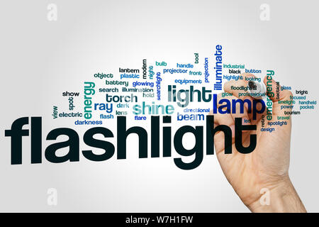 Flashlight word cloud concept with lamp shine related tags Stock Photo