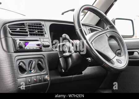 The inside of a Mark 1 Volkswagen golf car showing the dashboard and steering wheel Stock Photo