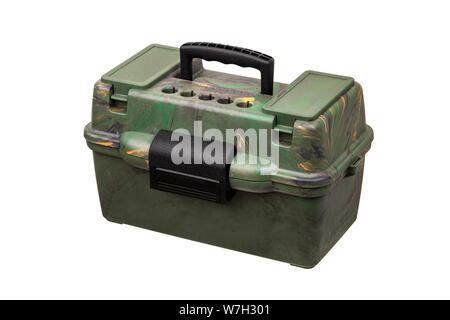 Large Shell Case.  Hunting Cartridge ammo Box  isolated on white background. Stock Photo