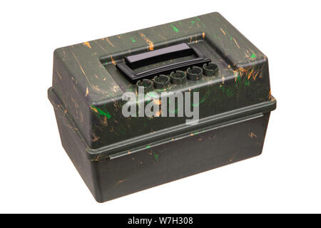 Large Shell Case.  Hunting Cartridge ammo Box  isolated on white background. Stock Photo