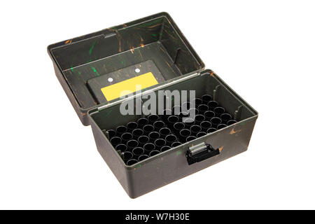 Large Shell Case.  Hunting Cartridge ammo Box  isolated on white background. Stock Photo