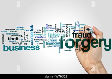 Forgery word cloud concept with fraud false related tags Stock Photo