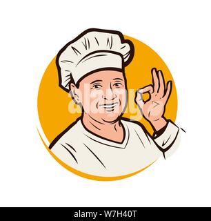 Portrait of a happy woman cook. Restaurant, bakery logo or emblem. Vector illustration Stock Vector
