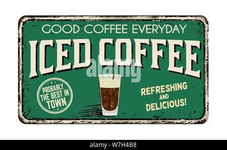 Iced coffee vintage rusty metal sign on a white background, vector illustration Stock Vector