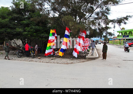 Flags on the street in Wamena city, Papua Stock Photo