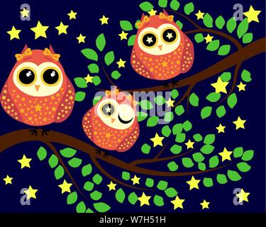 Bright cute cartoon owls are sitting on the flowering branches of fantastic trees at night among the stars Stock Vector